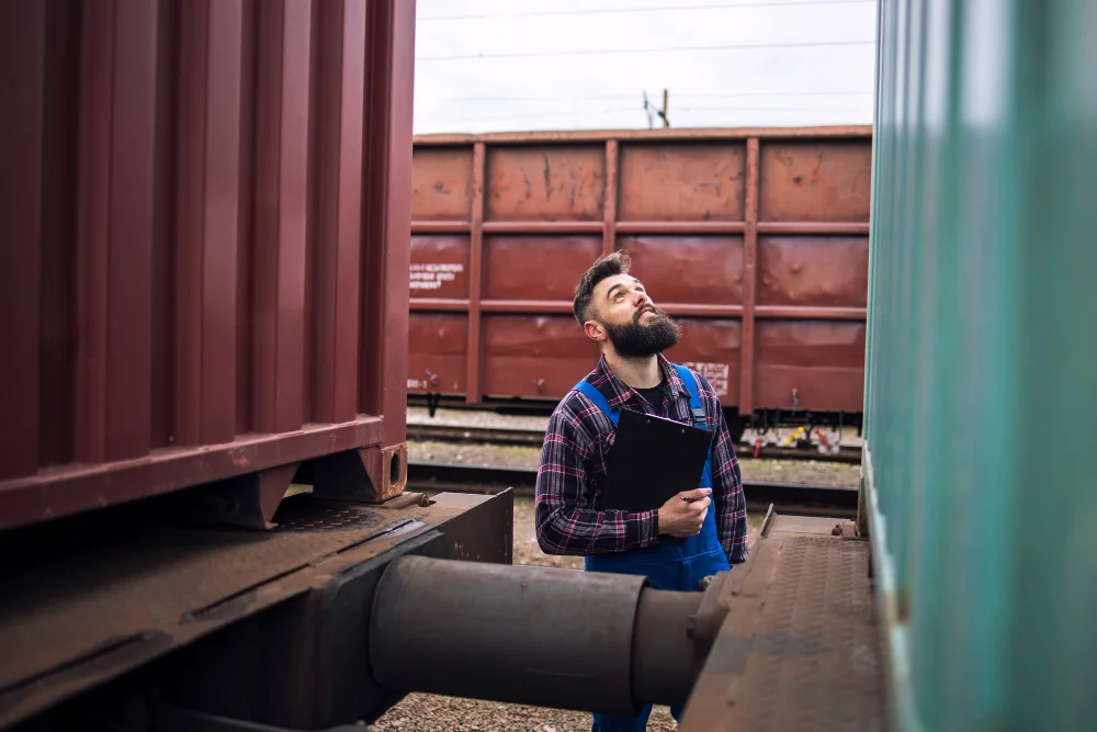 Mężczyzna ogląda kontener transportowy